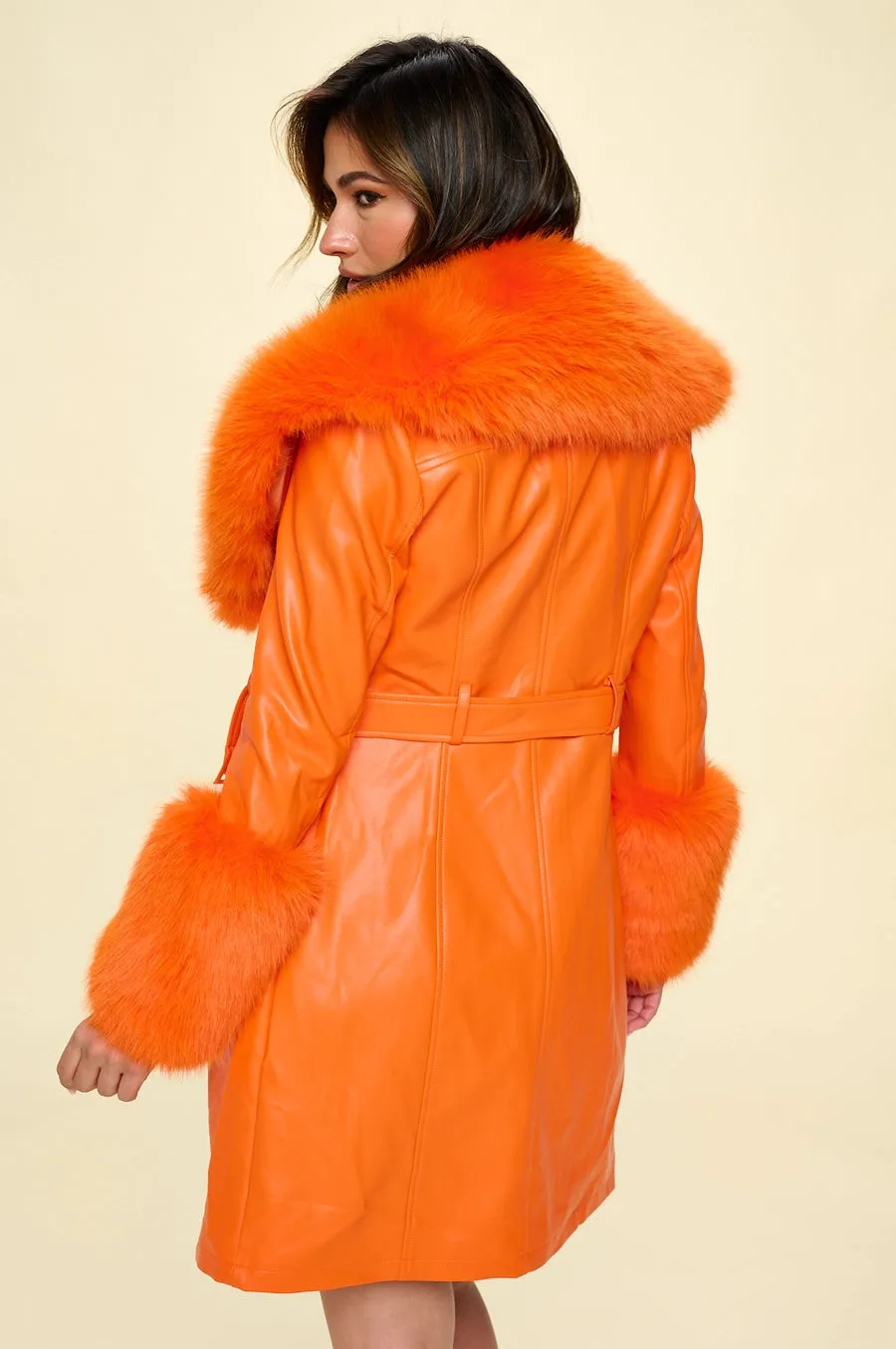 Orange Faux Leather Trench Coat With Faux Fur Collar