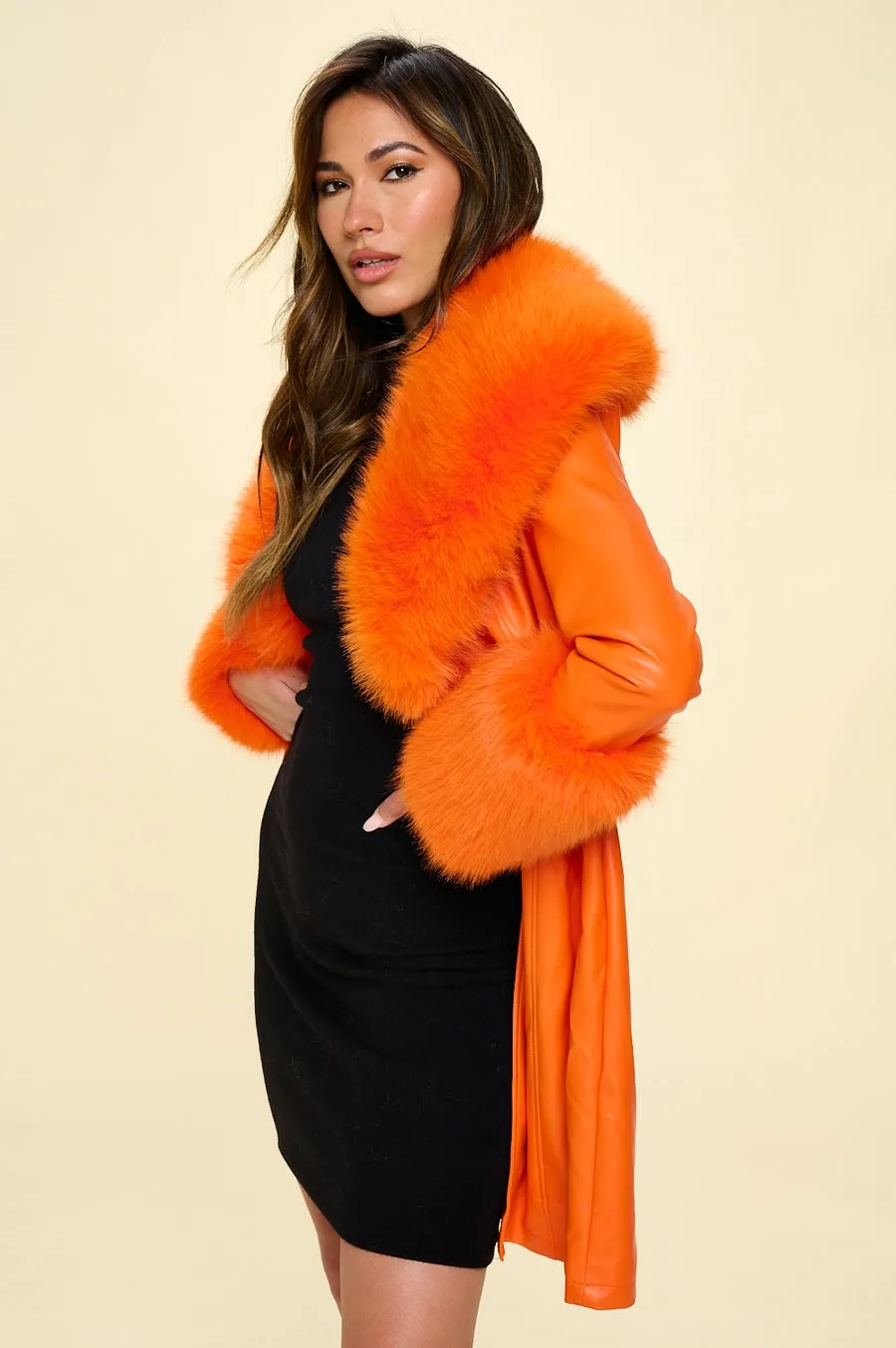 Orange Faux Leather Trench Coat With Faux Fur Collar