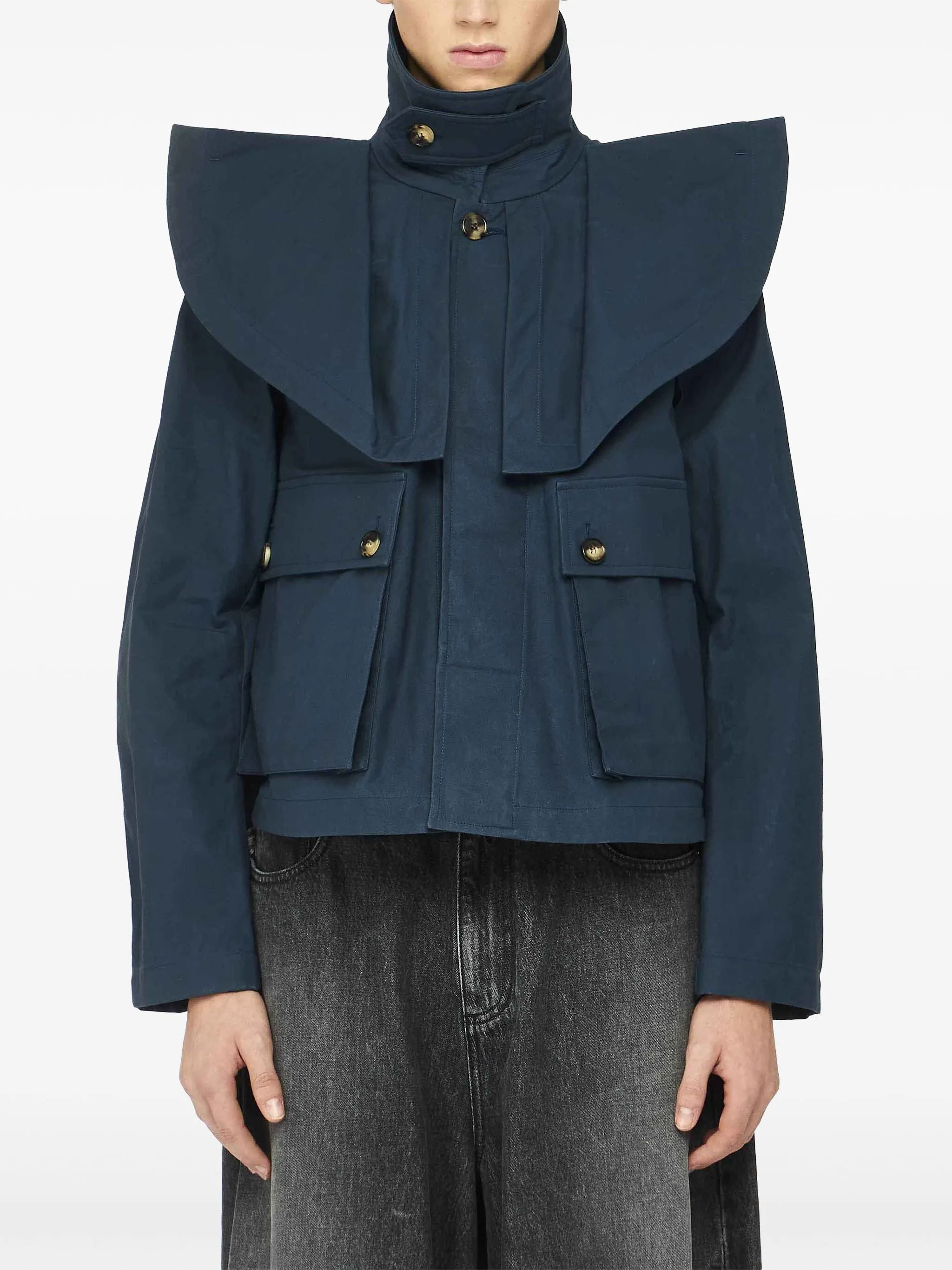 Oversized Collar Cropped Trench Jacket - Light Indigo