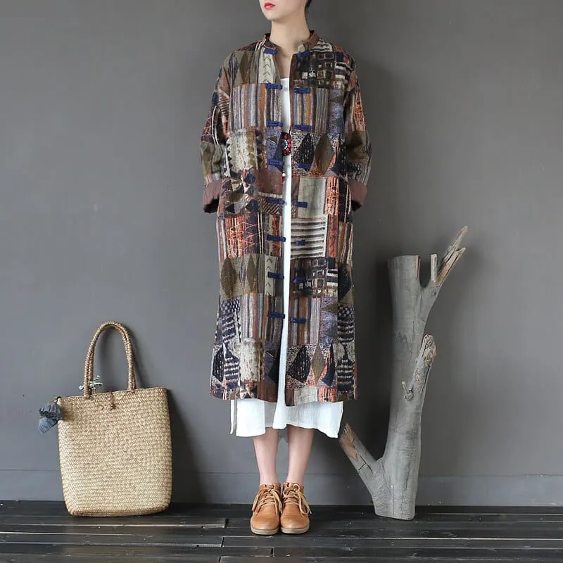 Patchwork Prints Chinese Linen Trench Coat