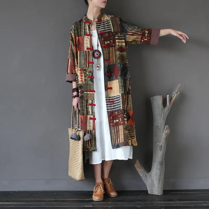 Patchwork Prints Chinese Linen Trench Coat