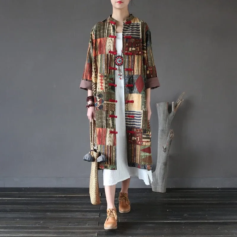 Patchwork Prints Chinese Linen Trench Coat