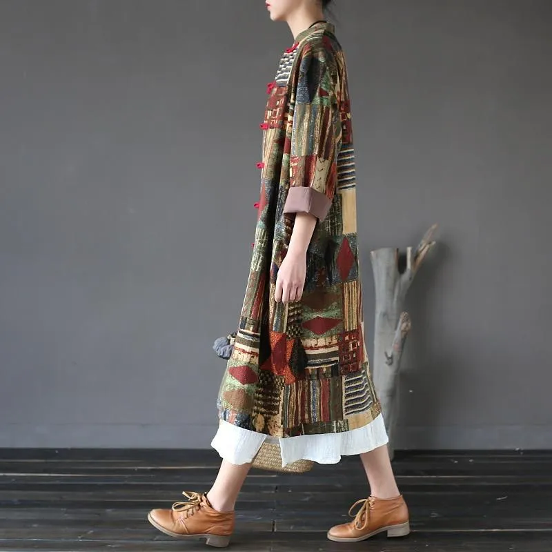 Patchwork Prints Chinese Linen Trench Coat