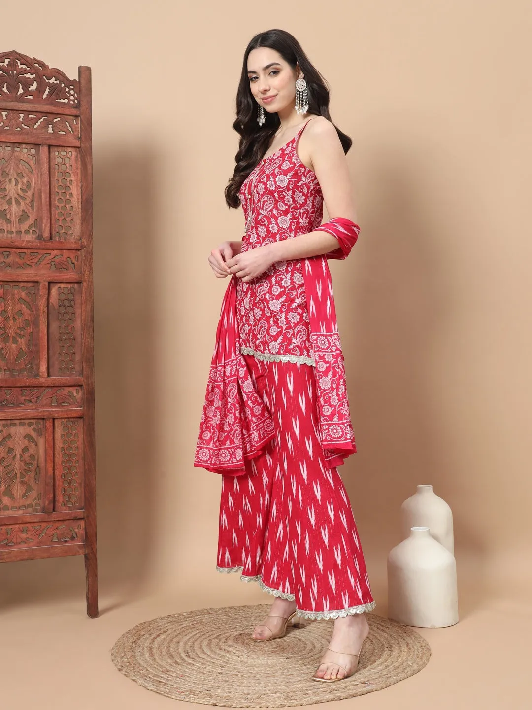 Pink Cotton Strappy Kurta Palazzo Set