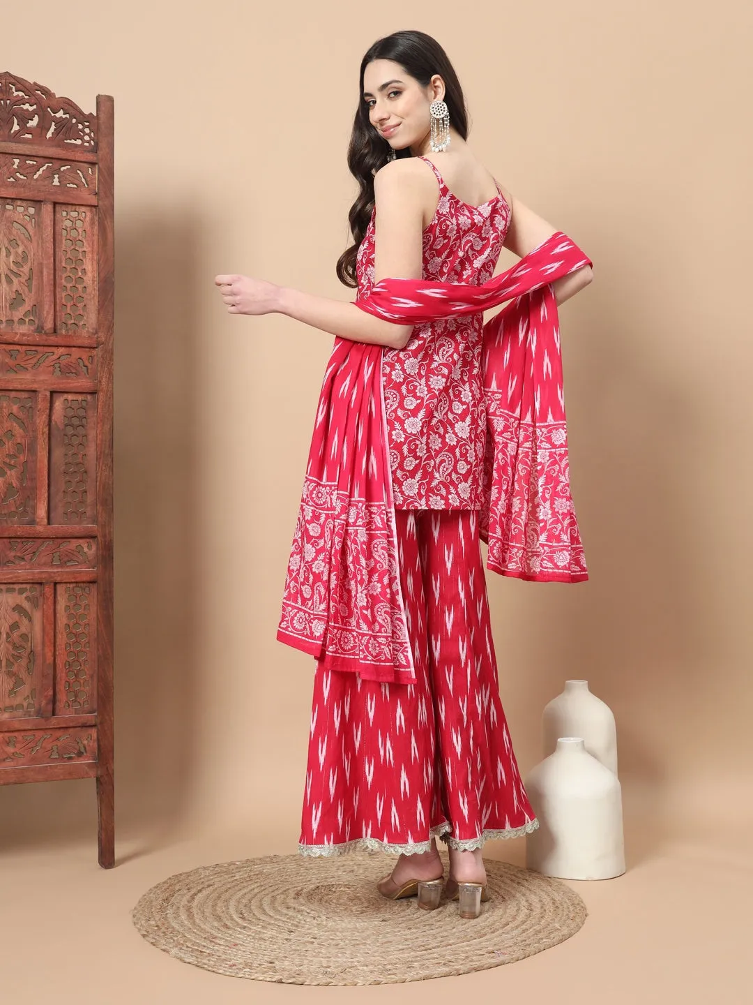 Pink Cotton Strappy Kurta Palazzo Set