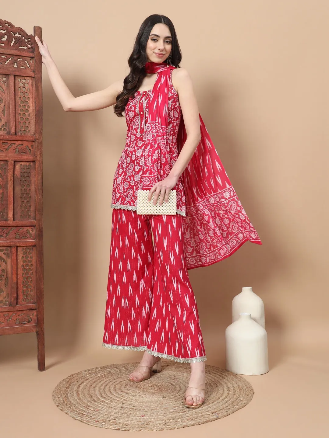 Pink Cotton Strappy Kurta Palazzo Set