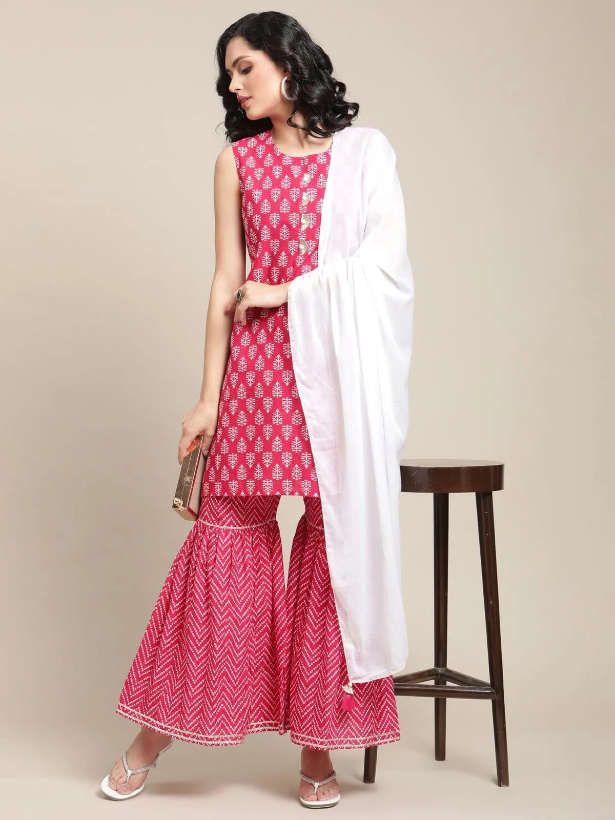 Pink Floral Printed And Gota Work Kurta Sharara Set With Off White Tassels Embellished Dupatta