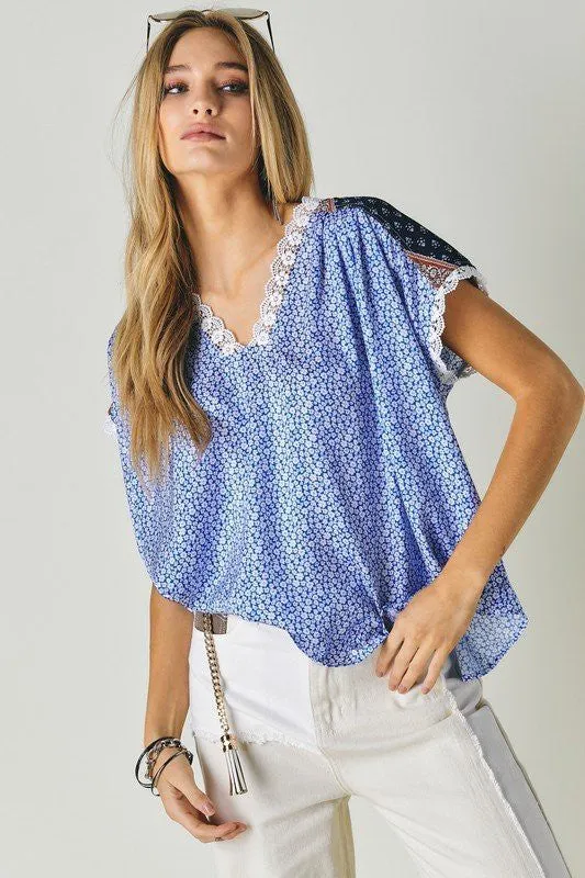 Printed Lace V-Neck Short Sleeve Loose Top