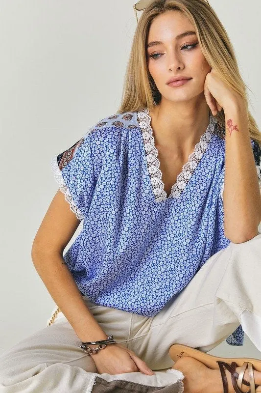 Printed Lace V-Neck Short Sleeve Loose Top