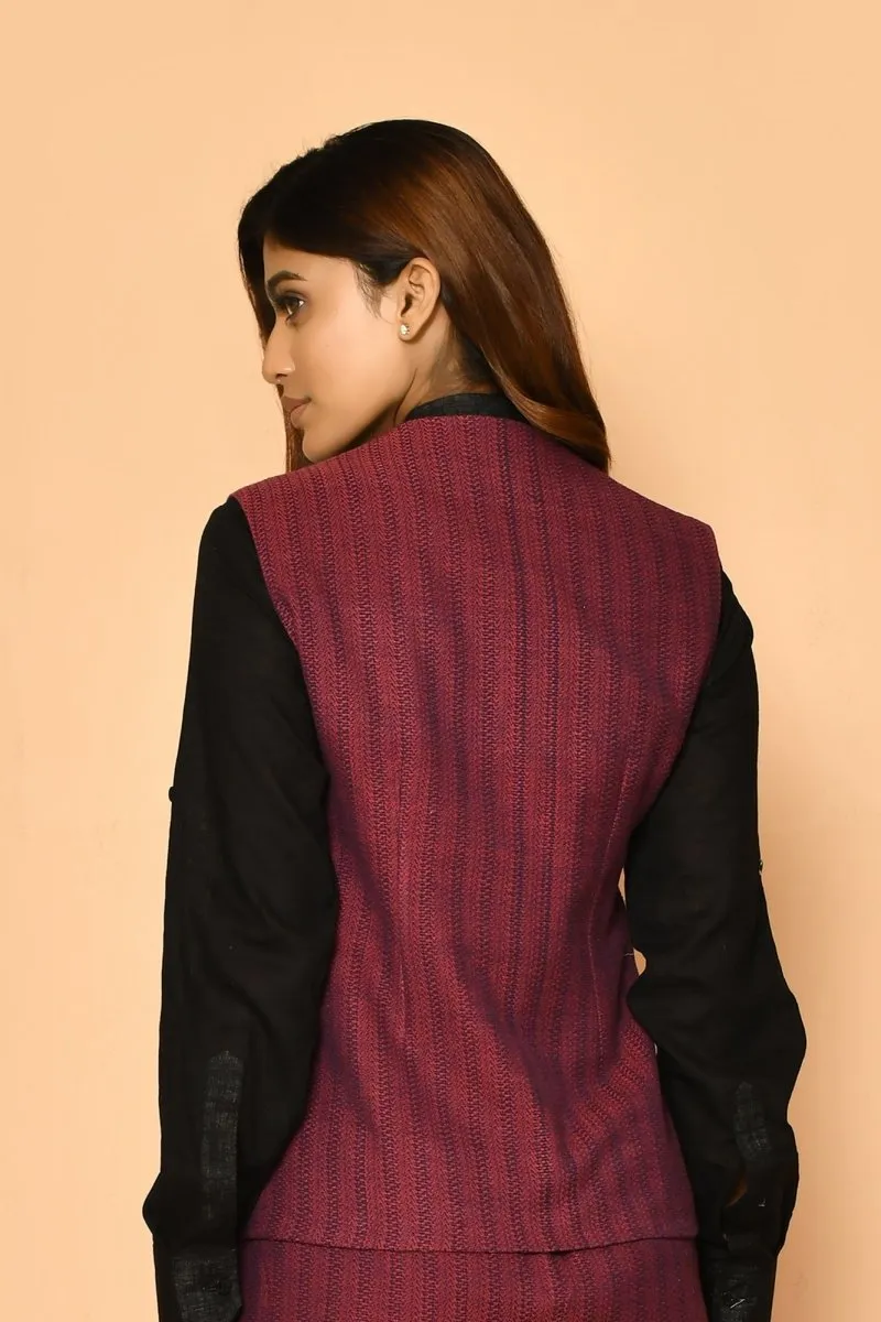 Red V-Neck Waist Coat Cotton Jacket for Ladies