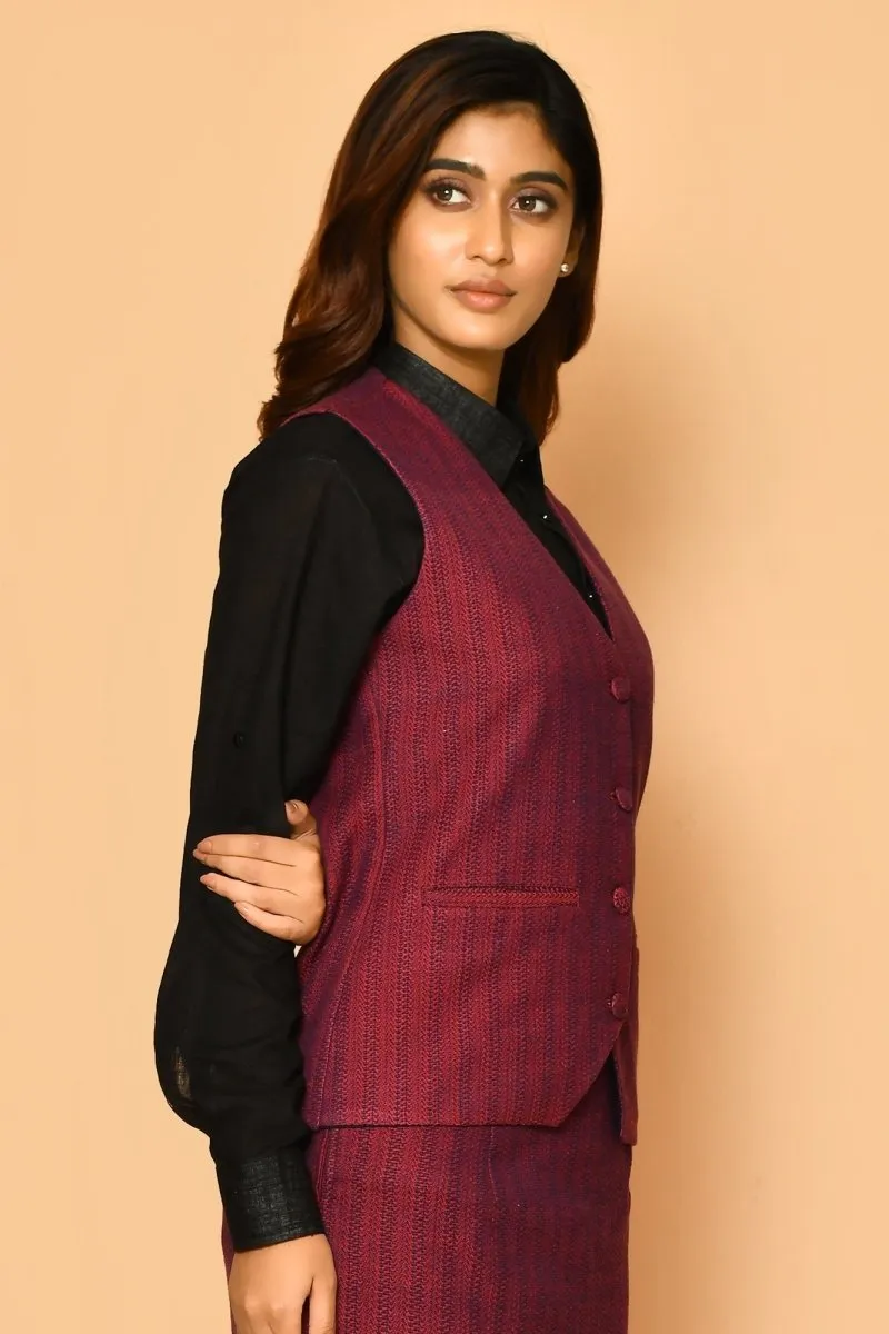 Red V-Neck Waist Coat Cotton Jacket for Ladies