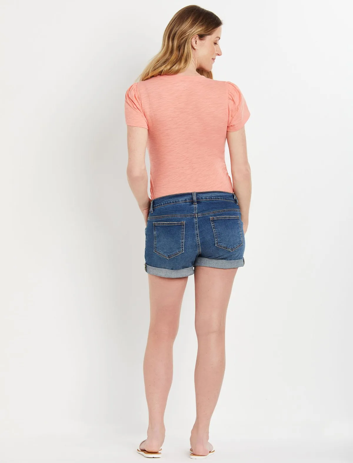 Side Panel Denim Cuffed Maternity Shorts in Blue - Manchester