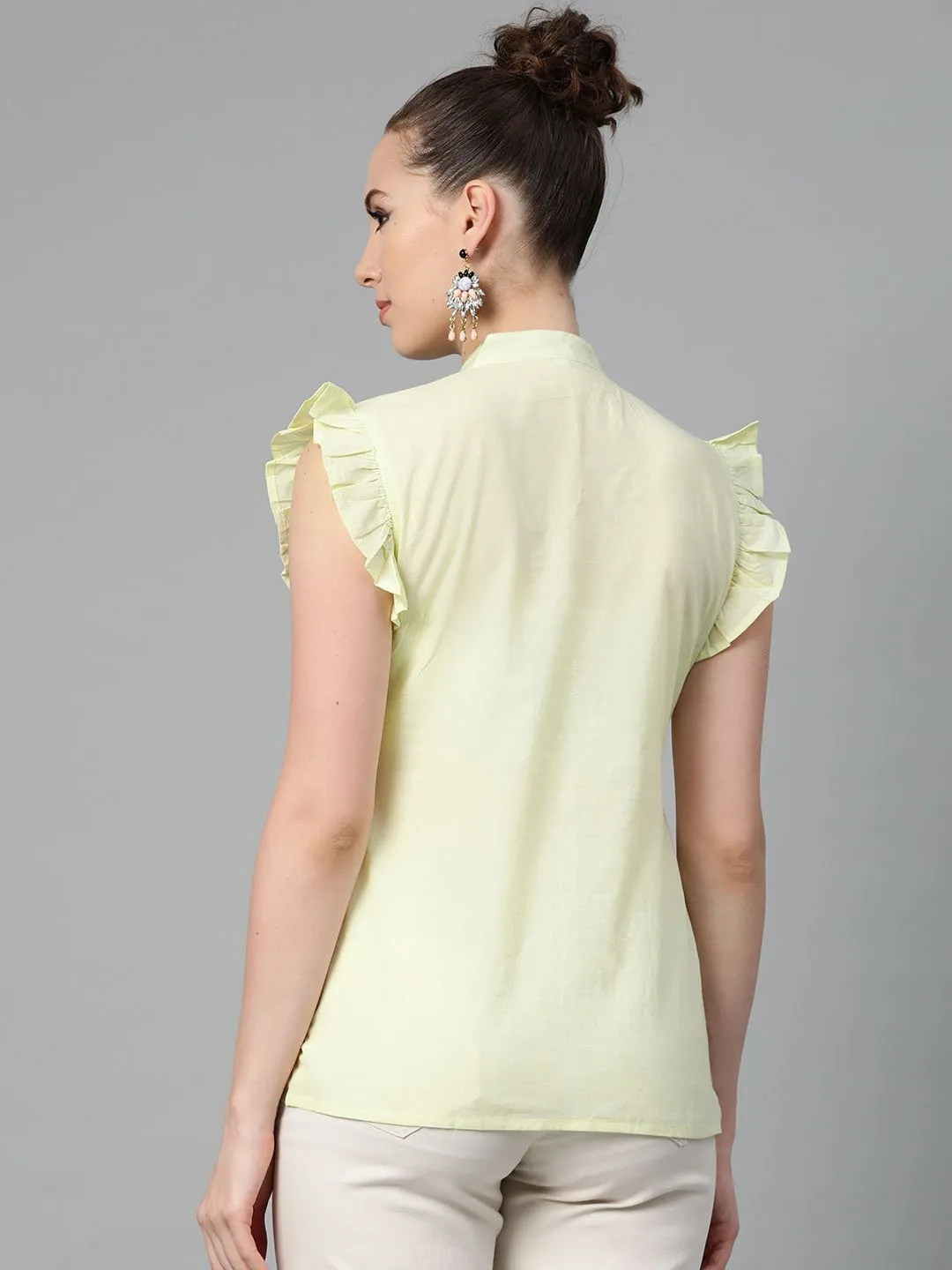 Solid Lime Yellow Top With Detailed Sleeves