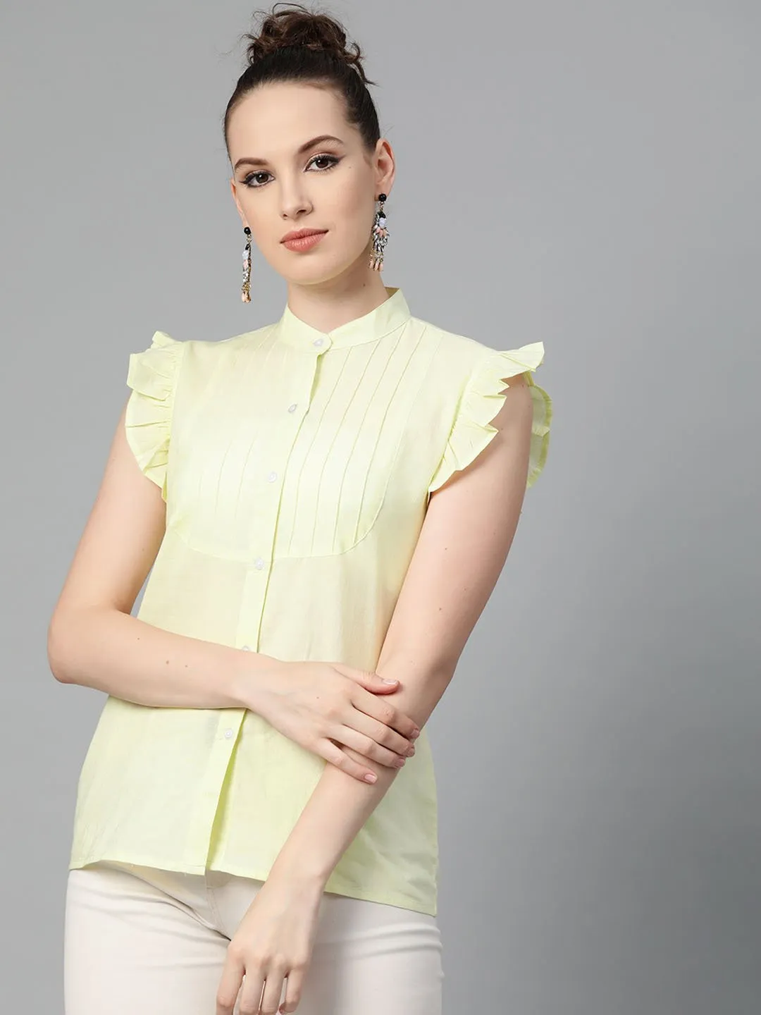 Solid Lime Yellow Top With Detailed Sleeves