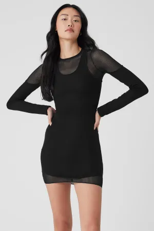 Striped Mesh Synergy Long Sleeve Dress - Black