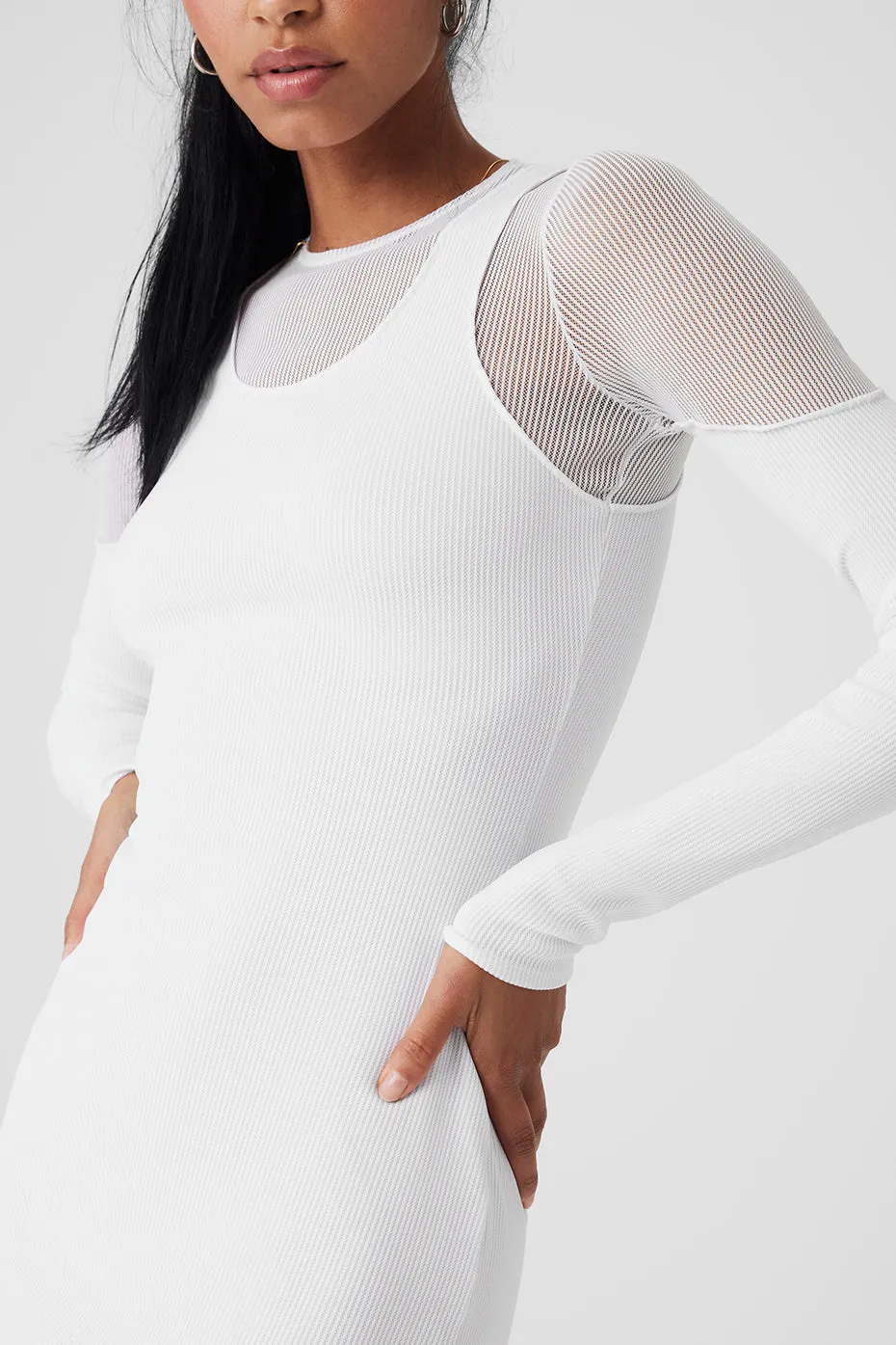 Striped Mesh Synergy Long Sleeve Dress - White