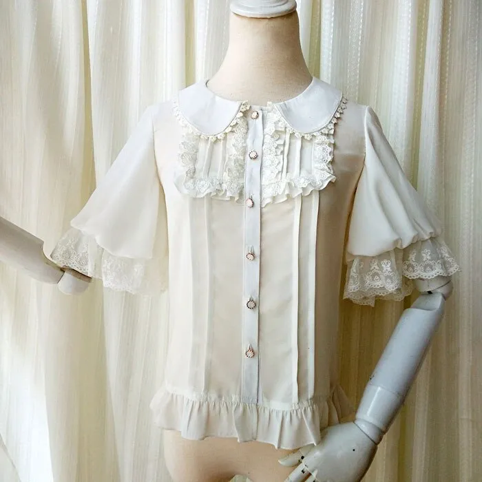 Sweet Short Lantern Sleeve Female Chiffon Blouse Peter Pan Collar Button Down Shirt