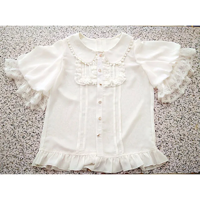 Sweet Short Lantern Sleeve Female Chiffon Blouse Peter Pan Collar Button Down Shirt