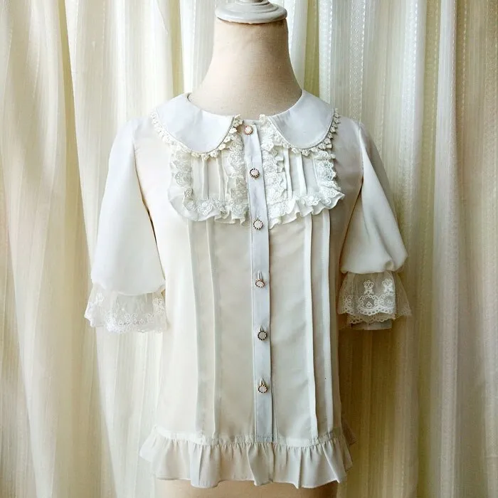 Sweet Short Lantern Sleeve Female Chiffon Blouse Peter Pan Collar Button Down Shirt