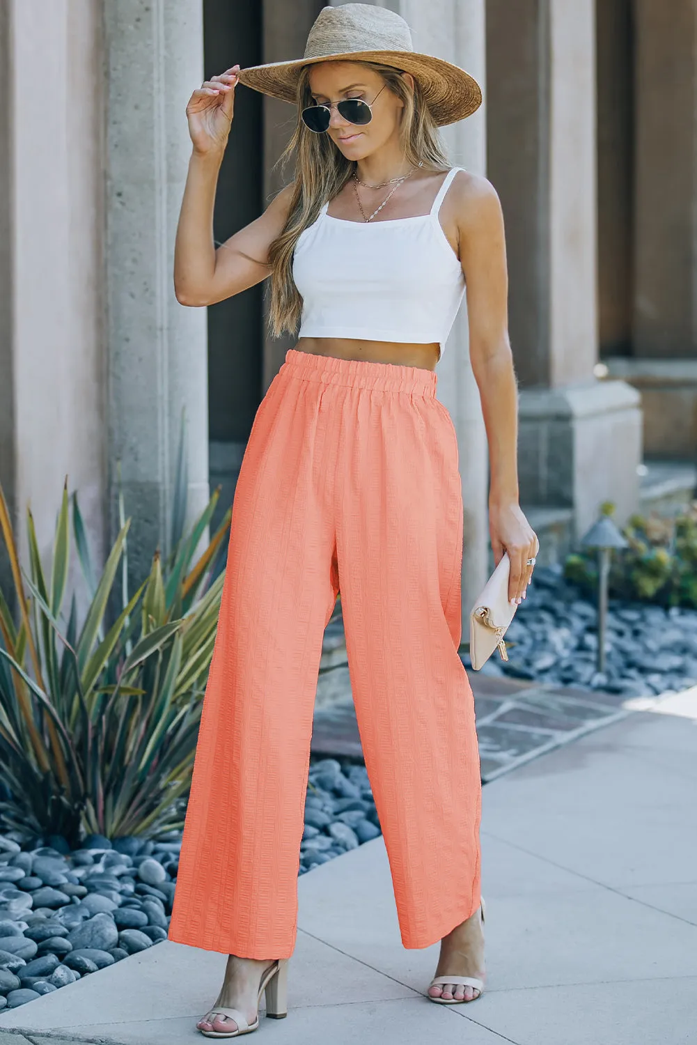 Textured Wide Leg High Waist Pants