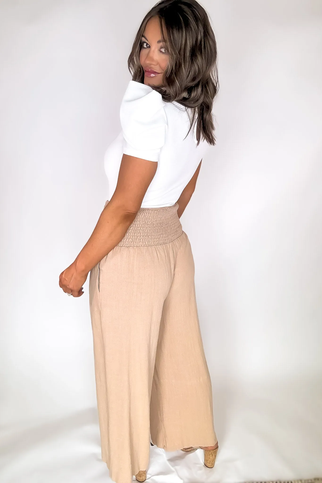 Tiny Waist Beige Smocked Waist Linen Pants