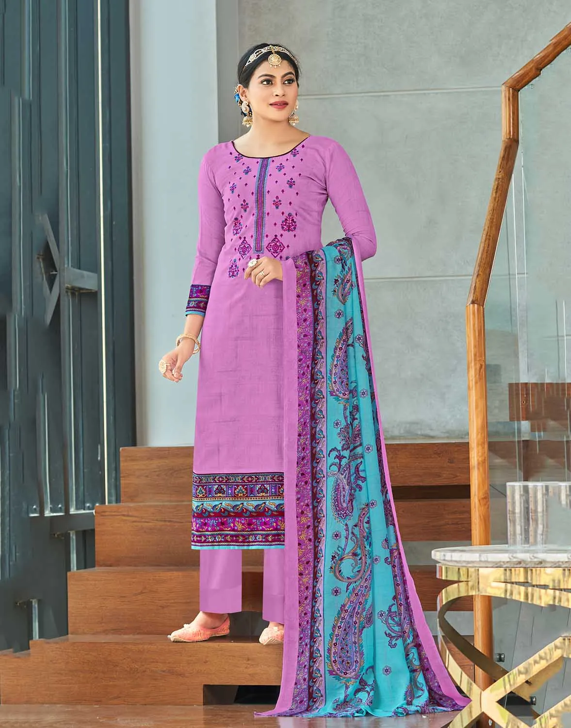 Unstitched Pure Cotton Women Purple Suit Material with Embroidery