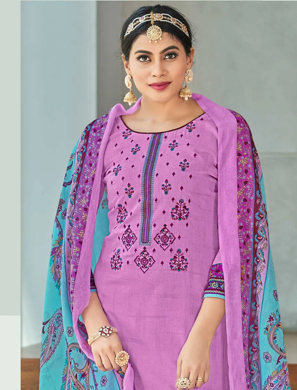 Unstitched Pure Cotton Women Purple Suit Material with Embroidery