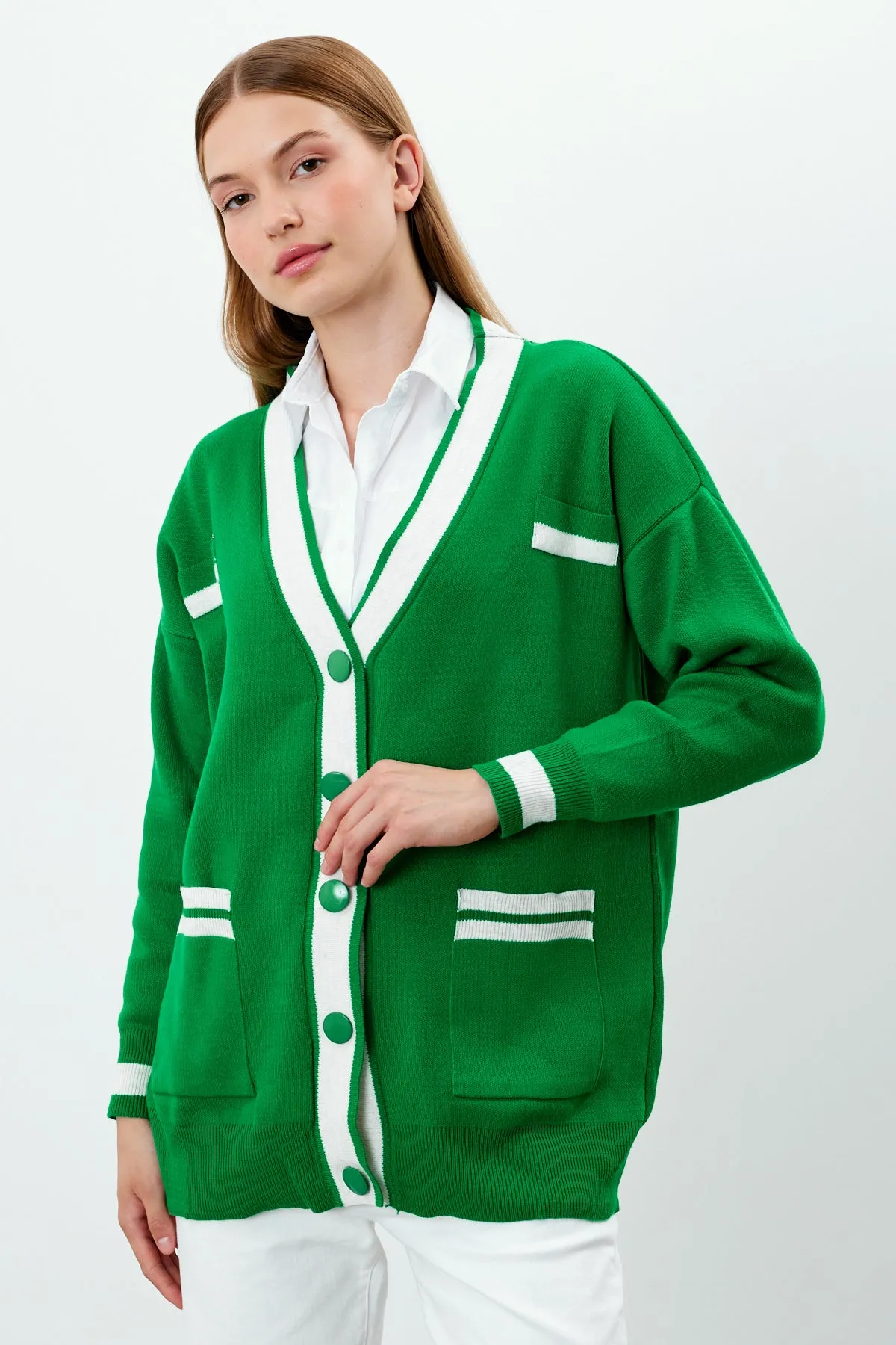 Vav Buttoned Down Short Knitted Winter Cardigan Green