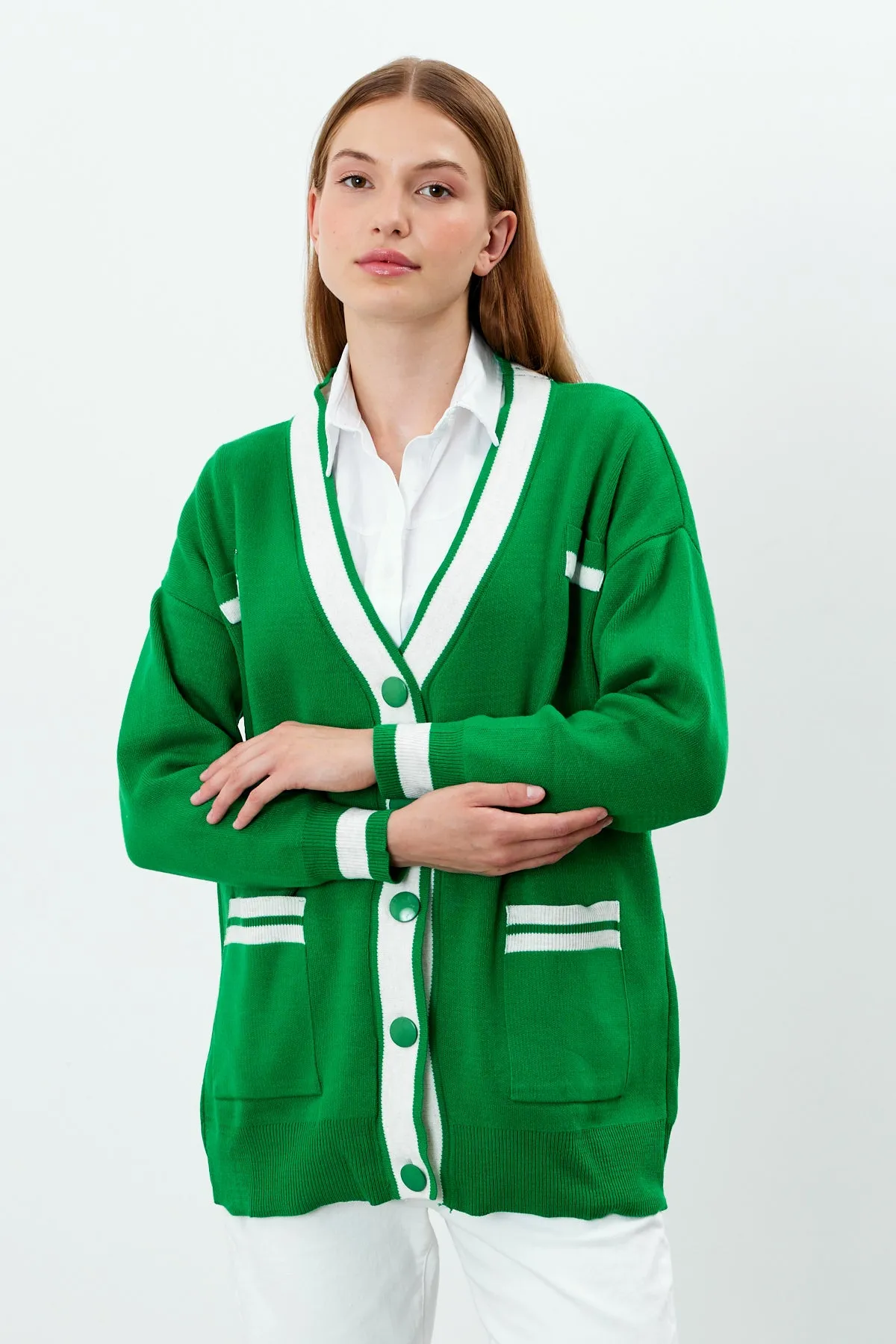 Vav Buttoned Down Short Knitted Winter Cardigan Green