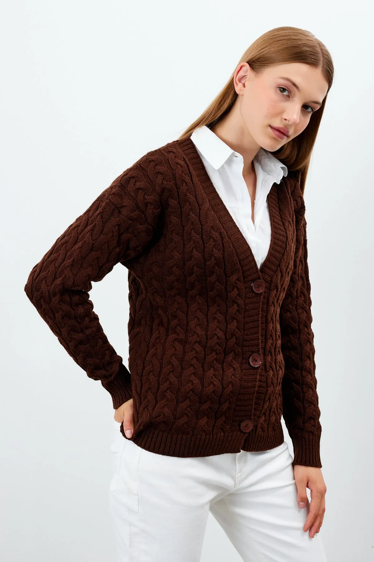 Vav Fishtail Short Knitted Winter Cardigan Dark Brown