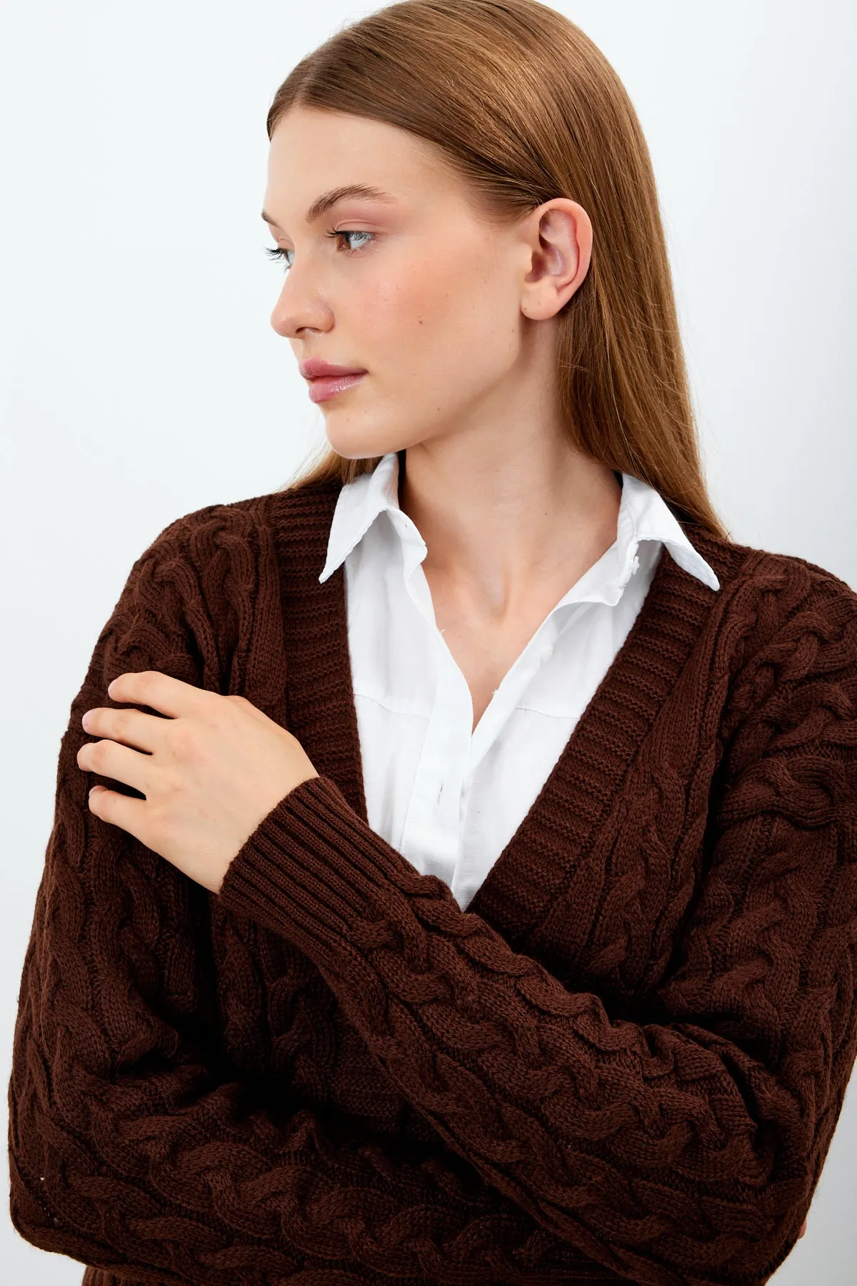 Vav Fishtail Short Knitted Winter Cardigan Dark Brown