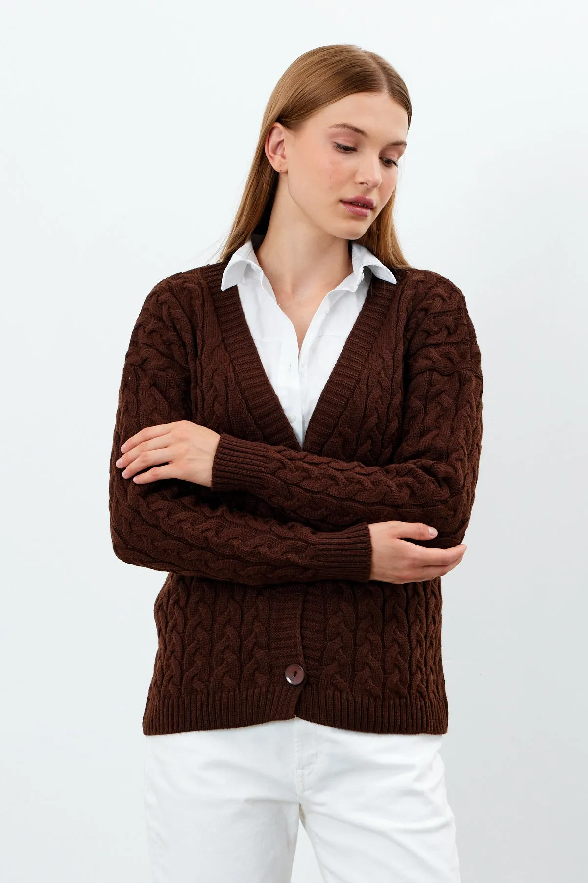 Vav Fishtail Short Knitted Winter Cardigan Dark Brown