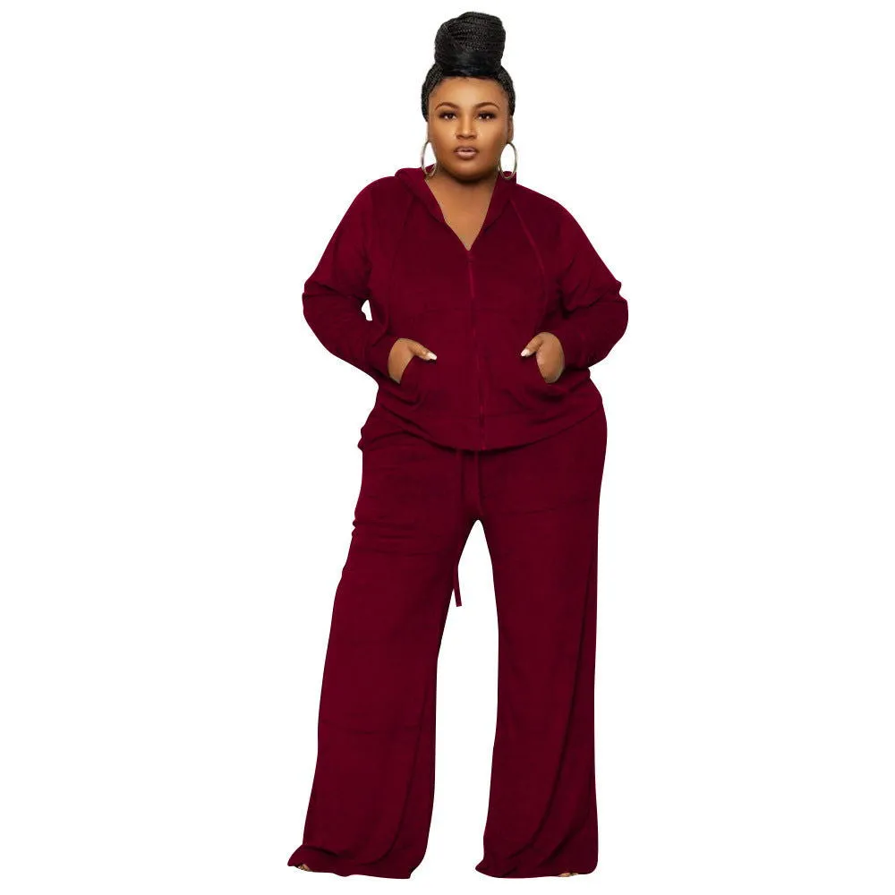 Velvet Hooded Jacket and High Waist Wide Leg Pants Tracksuits