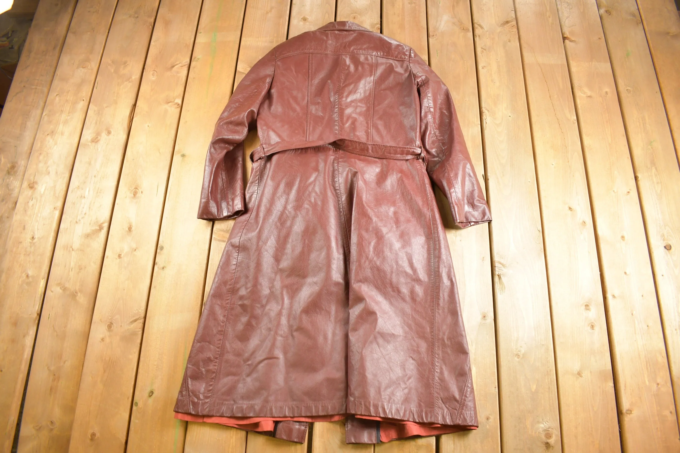 Vintage 1970s Genuine Red Leather Button Down Trench Coat