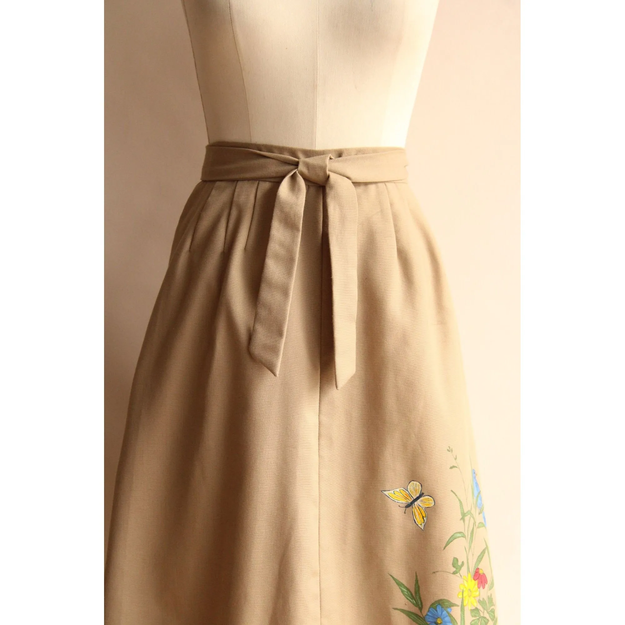 Vintage 1970s Khaki Wrap Skirt with Handpainted Flowers and Butterfly