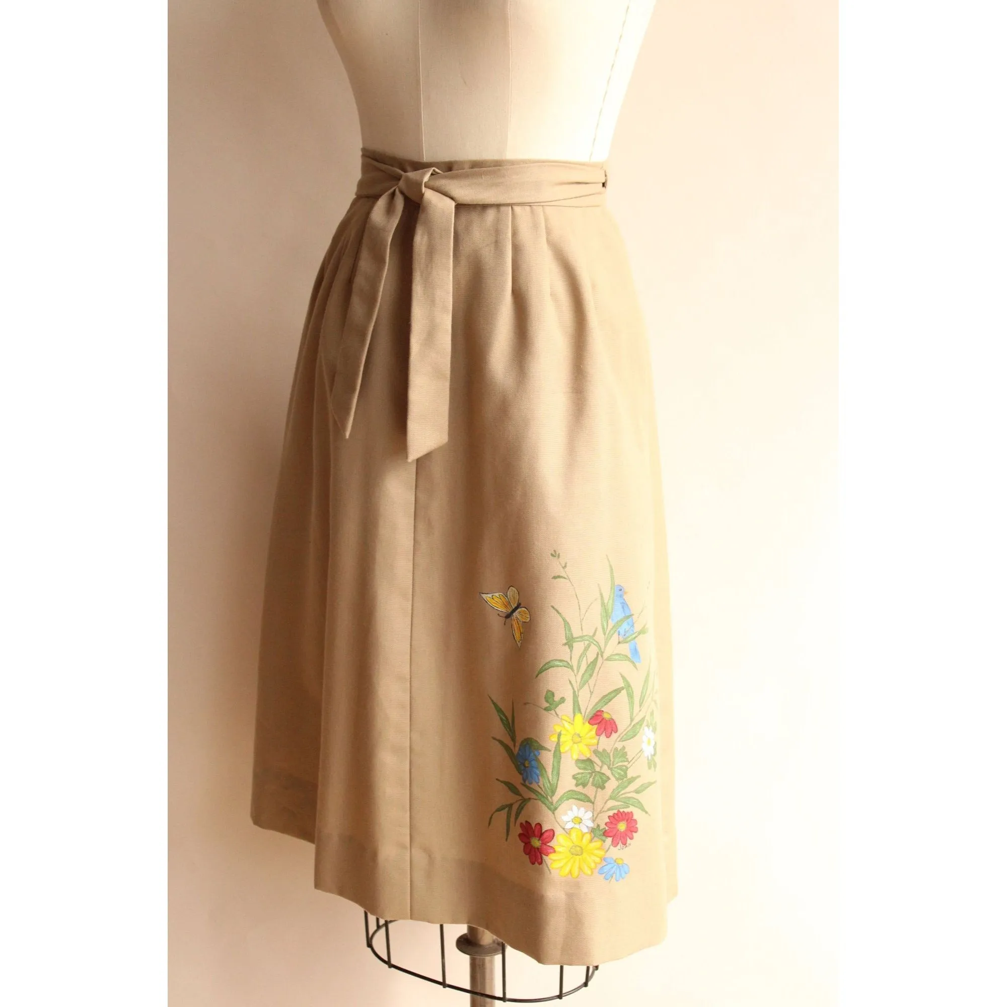 Vintage 1970s Khaki Wrap Skirt with Handpainted Flowers and Butterfly