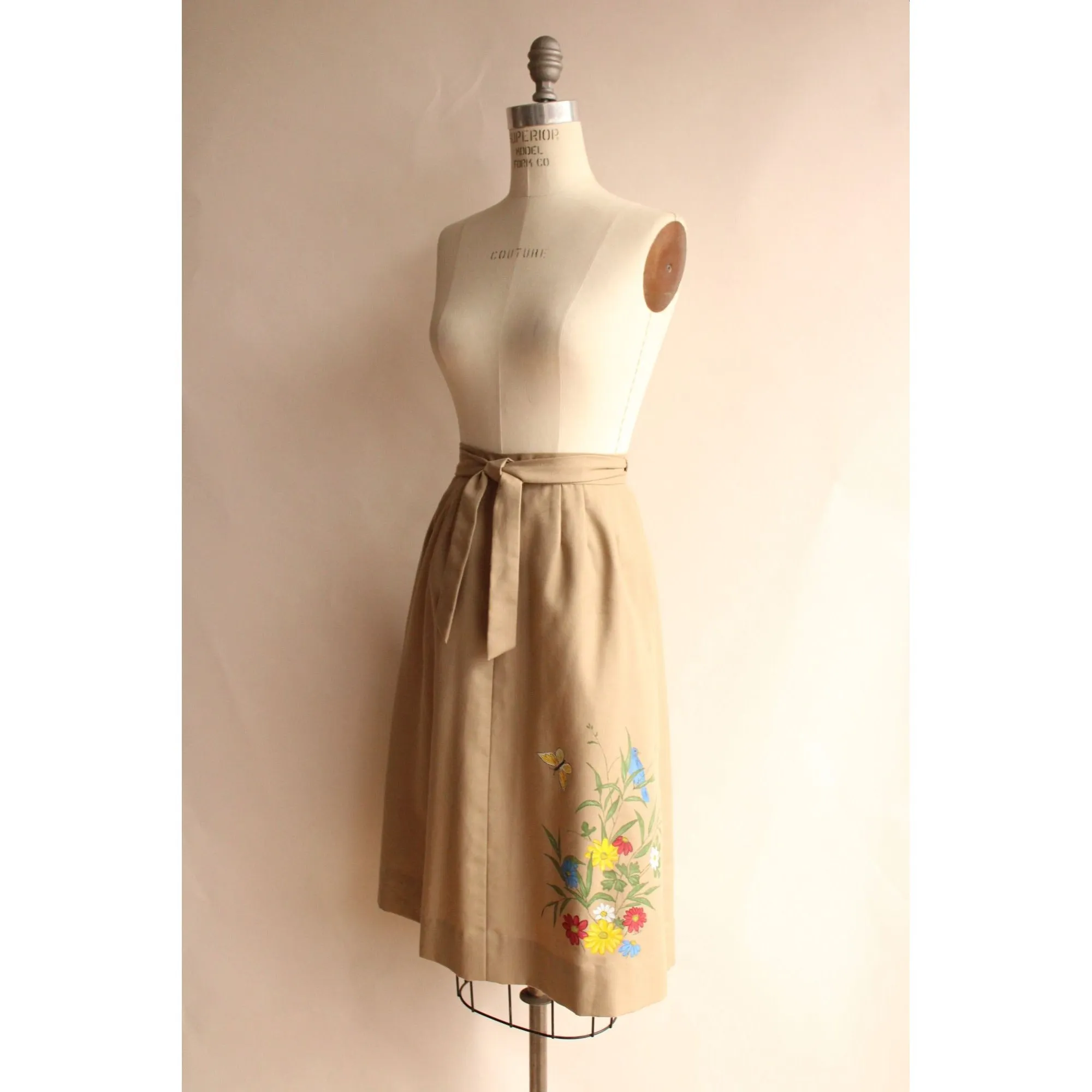 Vintage 1970s Khaki Wrap Skirt with Handpainted Flowers and Butterfly