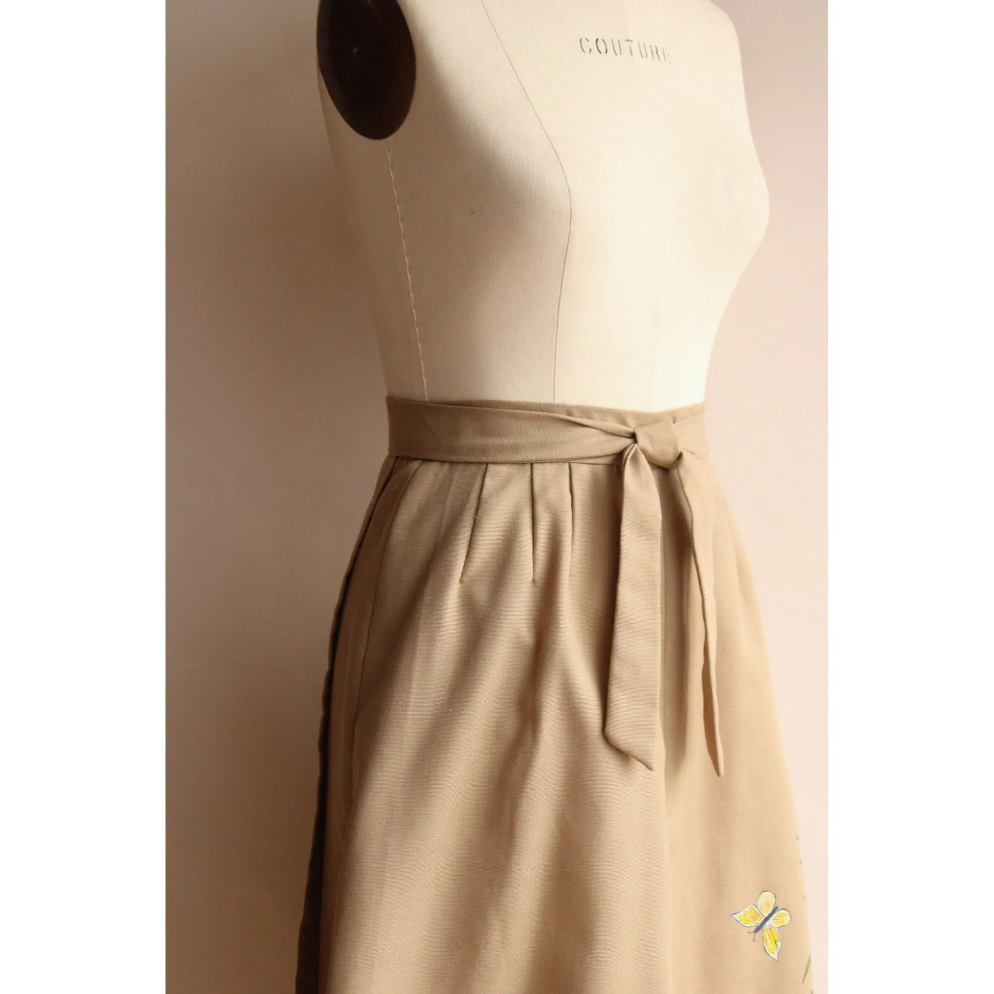 Vintage 1970s Khaki Wrap Skirt with Handpainted Flowers and Butterfly