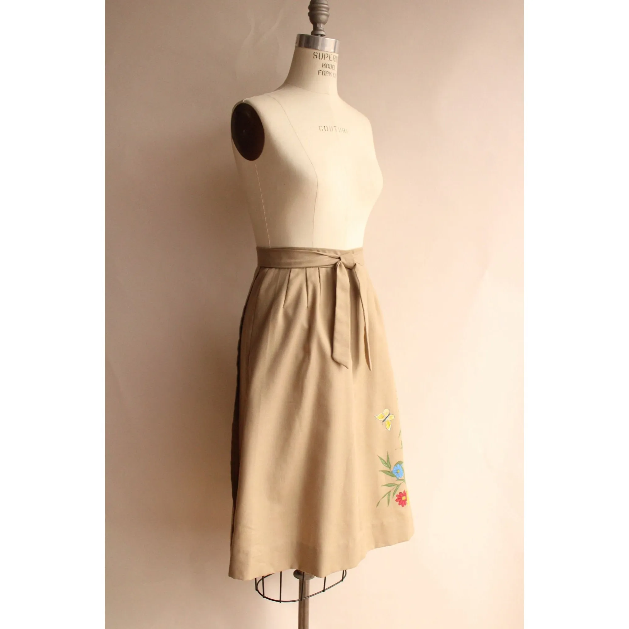 Vintage 1970s Khaki Wrap Skirt with Handpainted Flowers and Butterfly