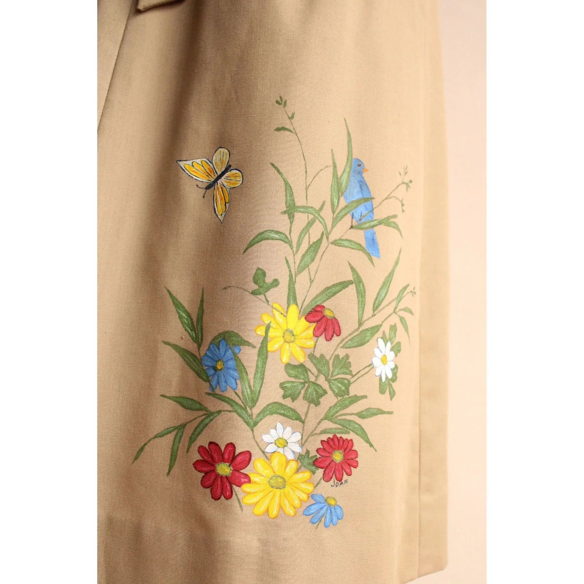 Vintage 1970s Khaki Wrap Skirt with Handpainted Flowers and Butterfly