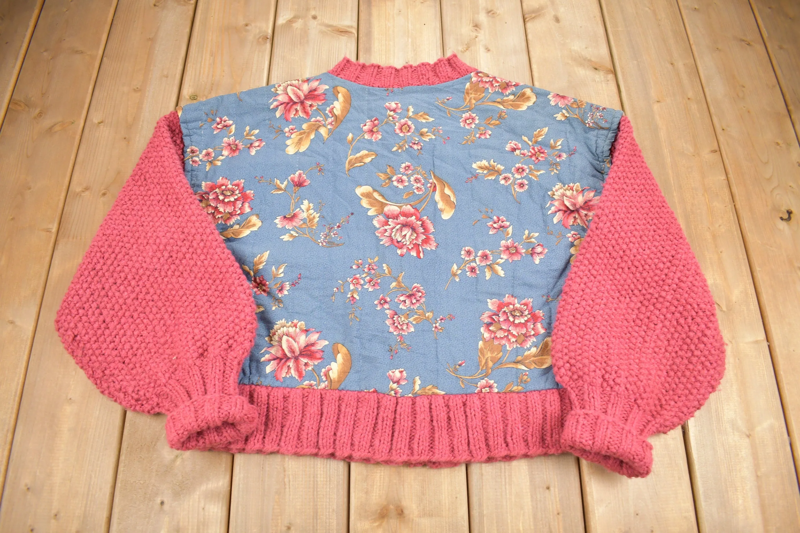 Vintage 1980s Quilted Floral Pattern Knit Cardigan Sweater