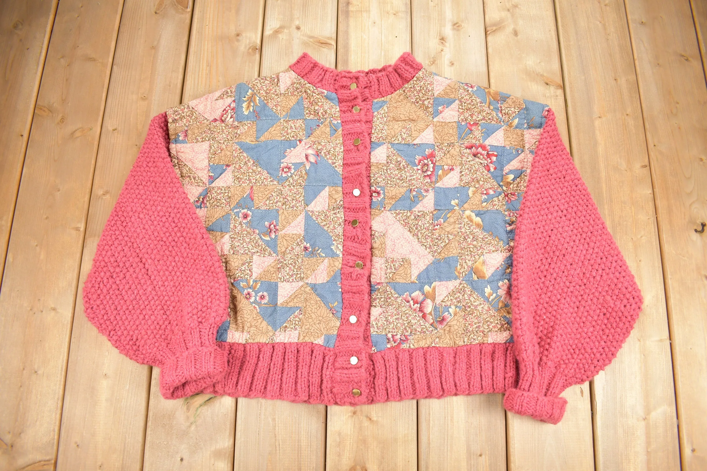 Vintage 1980s Quilted Floral Pattern Knit Cardigan Sweater