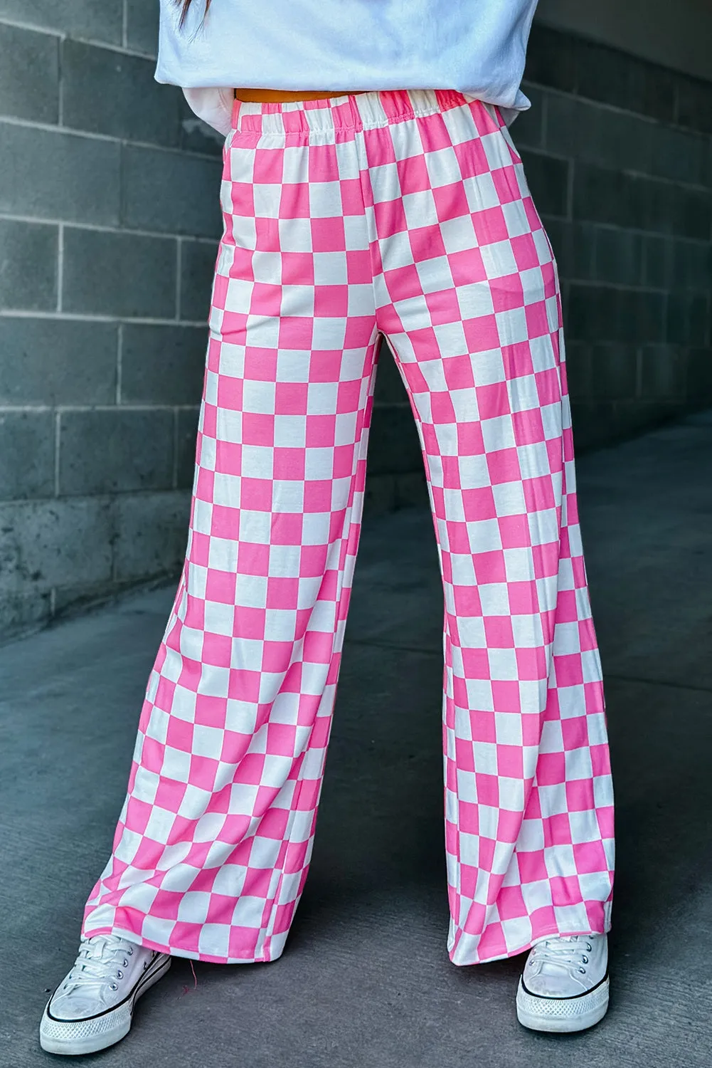 Women 2-Tone Checked Print High Waist Wide Leg Pants