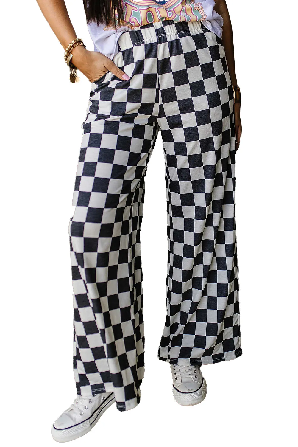 Women 2-Tone Checked Print High Waist Wide Leg Pants