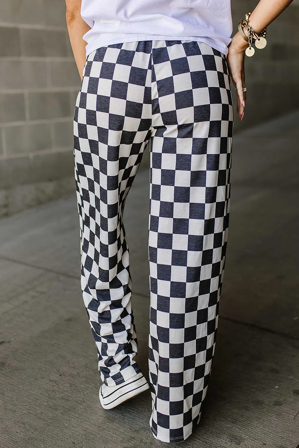 Women 2-Tone Checked Print High Waist Wide Leg Pants