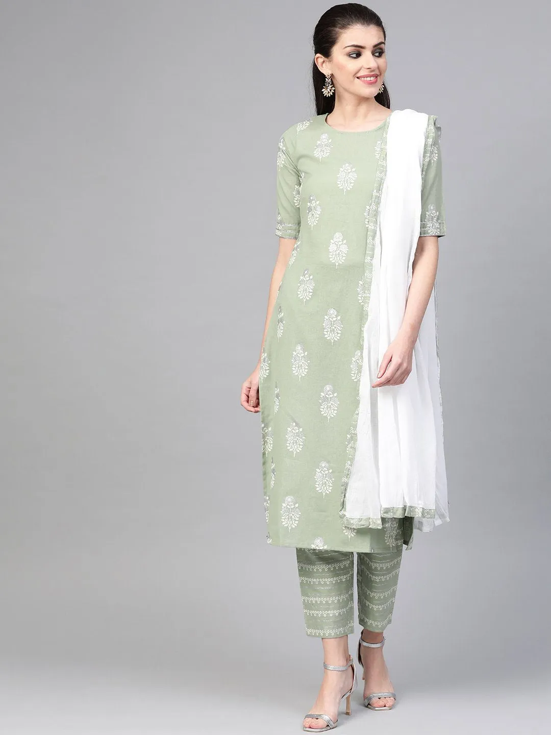 Women Green & White Straight Ethnic Motifs Printed Kurta And Trousers Set