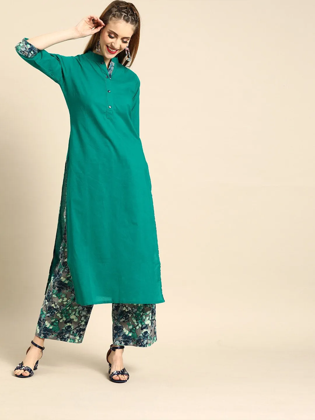 Women Green Three-Quarter Sleeves Straight Straight Kurta With Palazzo