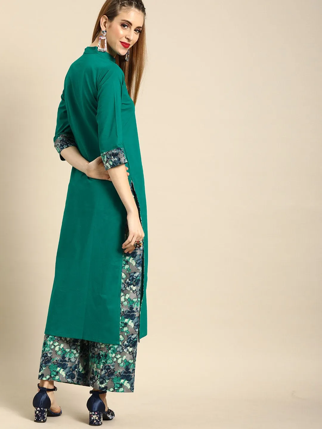 Women Green Three-Quarter Sleeves Straight Straight Kurta With Palazzo