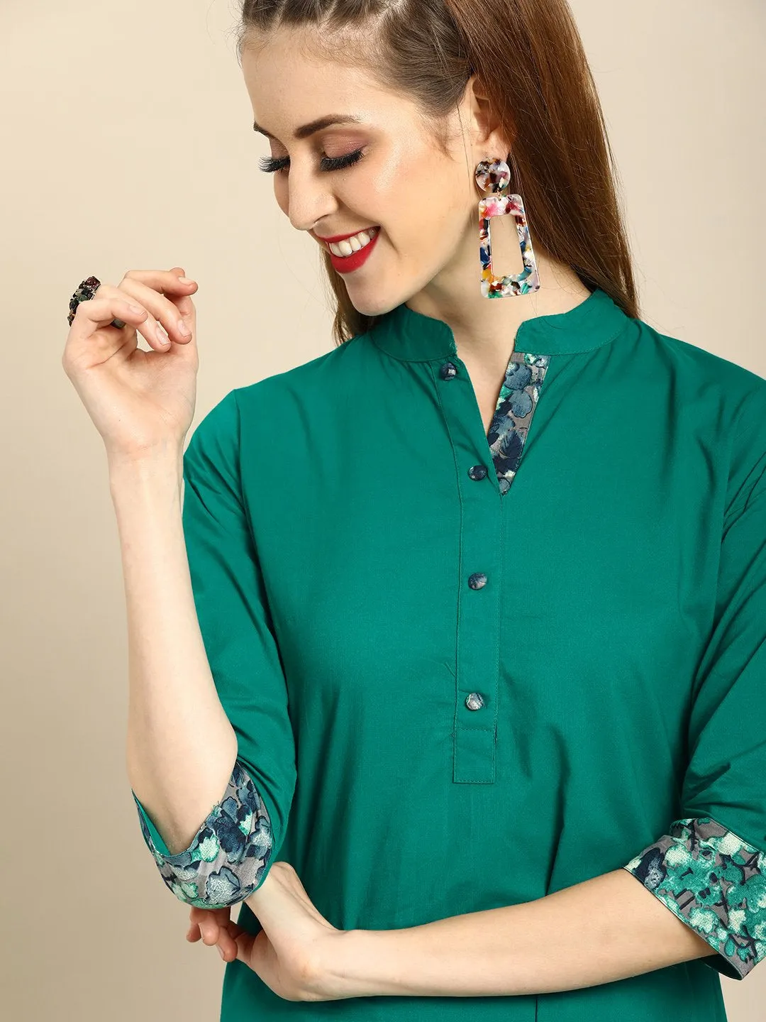 Women Green Three-Quarter Sleeves Straight Straight Kurta With Palazzo