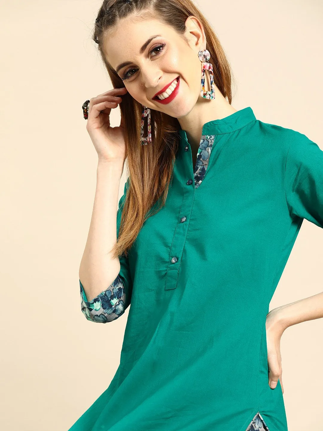 Women Green Three-Quarter Sleeves Straight Straight Kurta With Palazzo